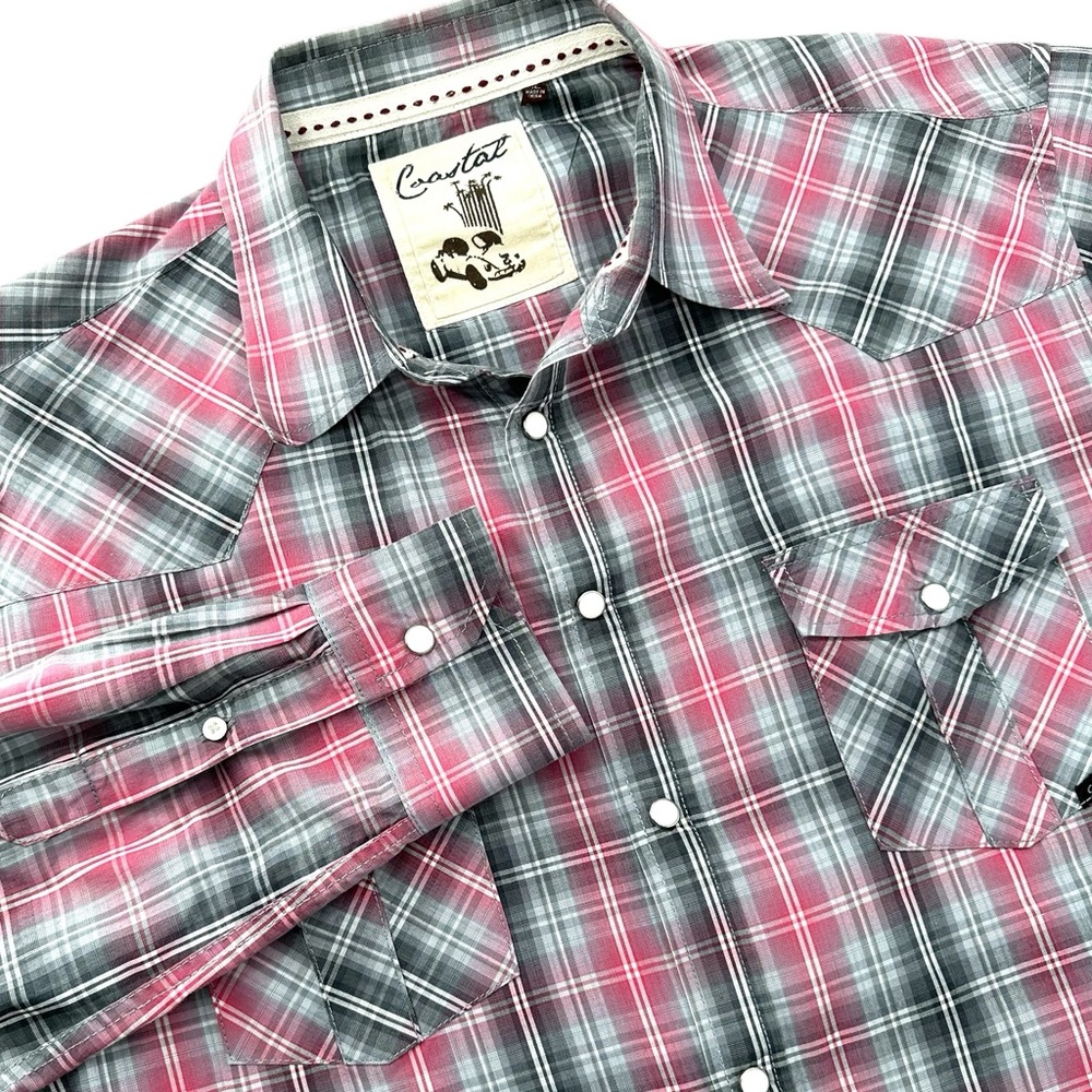 Coastal‎ Men’s XL Razzle Pink & Gray Plaid Western Snap Front Long Sleeve Shirt